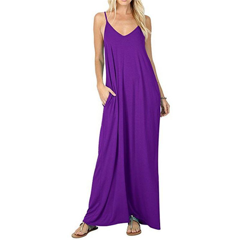Women's Solid Color Loose Pocket Long Skirt Pure Color Loose Pockets Long Dress