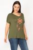Women's Big Size Blouse Plus Size Khaki Embroidery Detailed V-Neck Low Sleeve Blouse