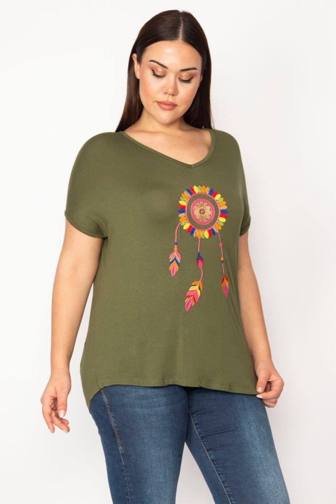 Women's Big Size Blouse Plus Size Khaki Embroidery Detailed V-Neck Low Sleeve Blouse