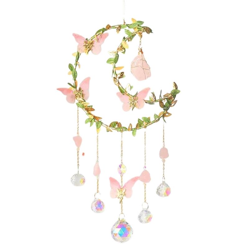 Handcrafted Crystal Sun Catcher with Butterflys Moon Elements Exquisites Ornament for Wedding Window House Garden Partys