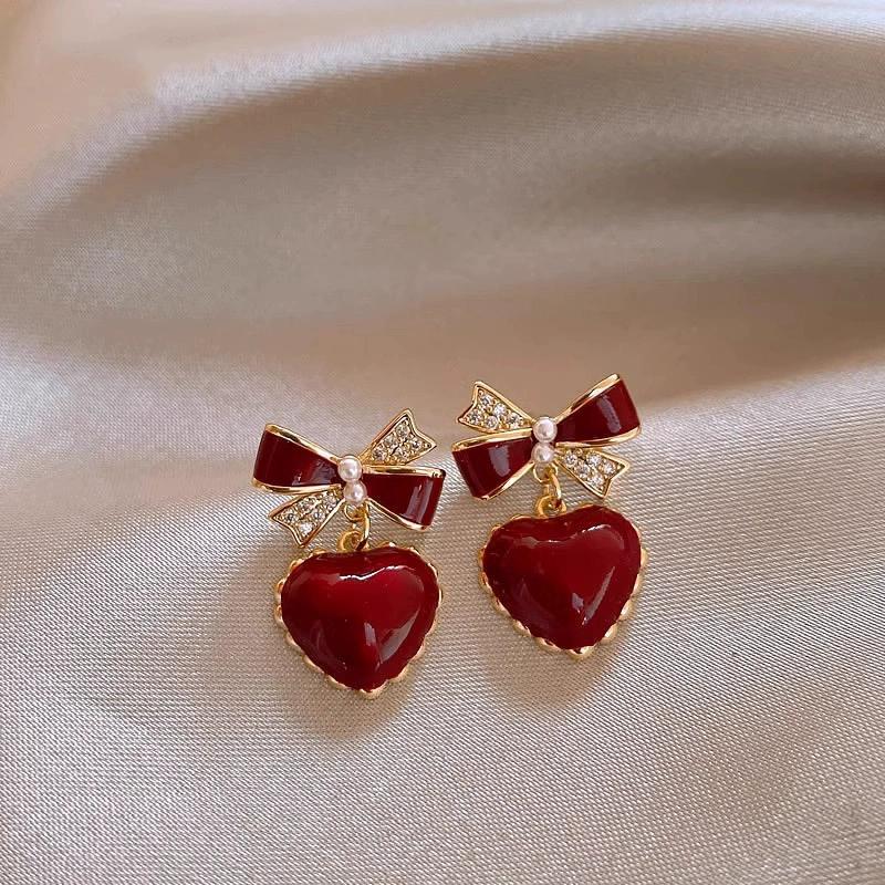 

Taro Purple Red Bowknot Heart Crystal Imitation Pearl Pendant Earring for Women Color Zircon Girl Gift