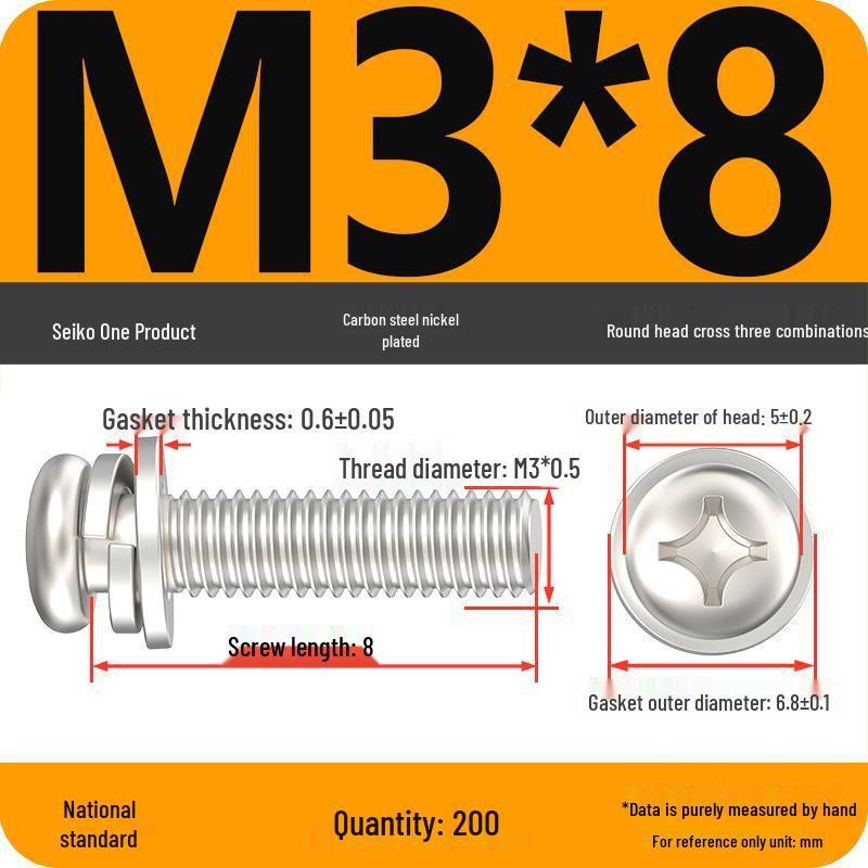 Nickel-Plated Phillips Pan Head Screw with Washer, M2-M6 Thread