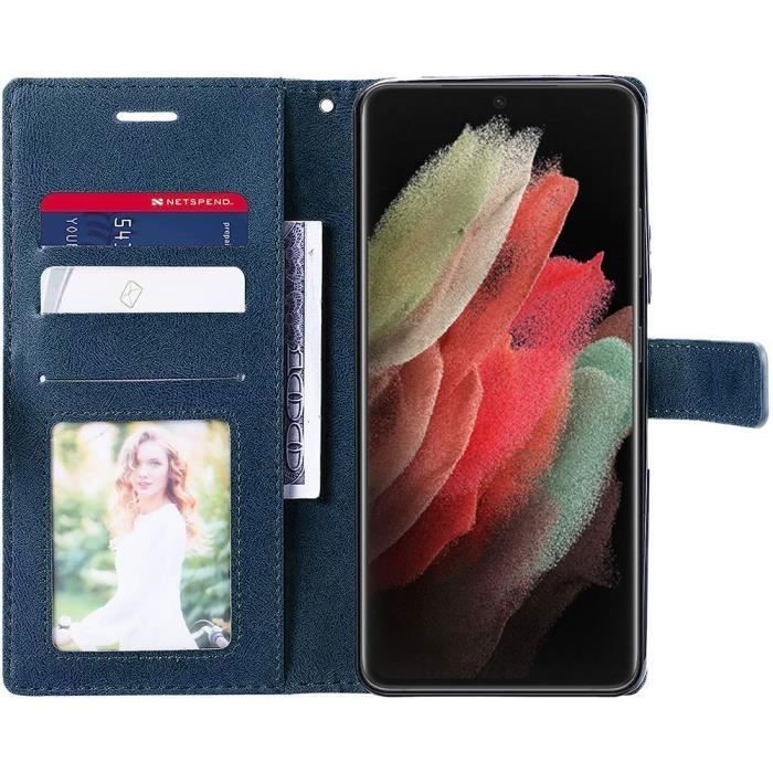 Syntetiskt läderfodral - BOOLING - för Samsung Galaxy S21 Ultra - Marinblå - 2 Härdat glas