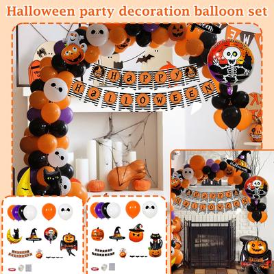 Halloween Party Decoration Set – Orange & Black Balloons, Face Banners, Witch Hat Elements For Holiday Setup
