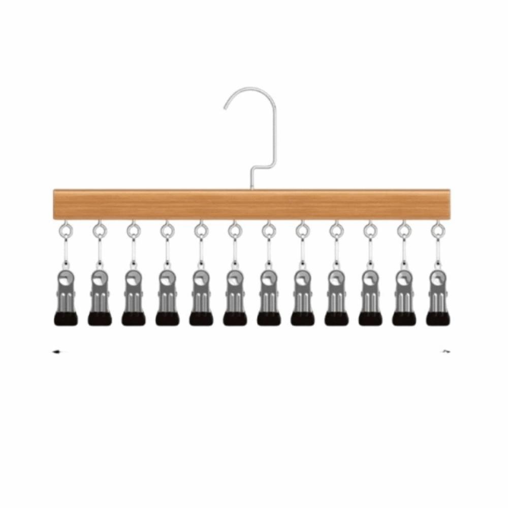 10/12 Clips Wood Hanger 360°Rotation Storage Rack Rotatable Clothes Hanging Hook Socks Hanging