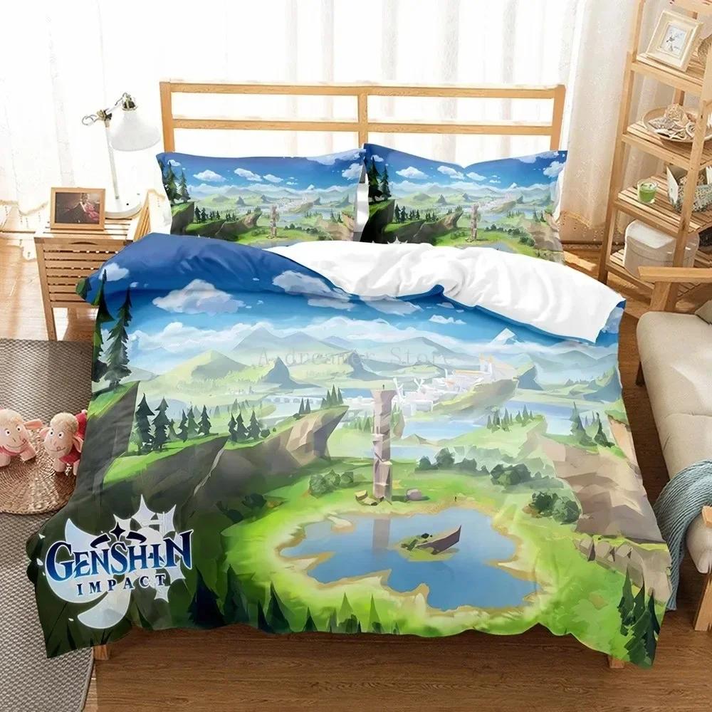 Genshin Impact Bedding Set For Kids Teens Boys Girls Game Duvet Cover With Pillowcase Microfiber Bedclothes Cartoon Bed Linen