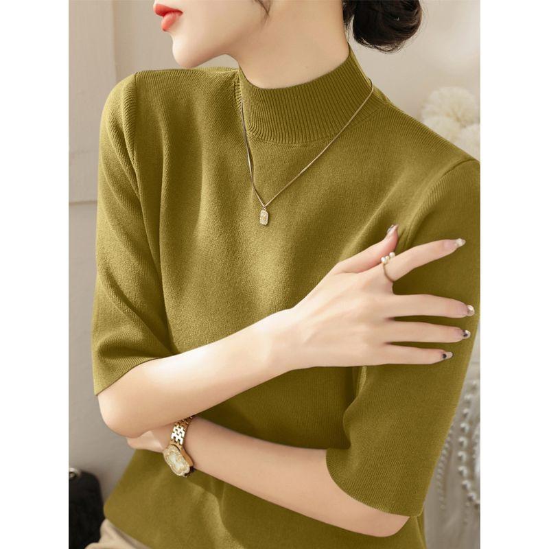 

French Purple Mock-Neck Mid-Length Sleeve Knitting Bottoming Shirt Autumn yellow [high quality fabric]] L