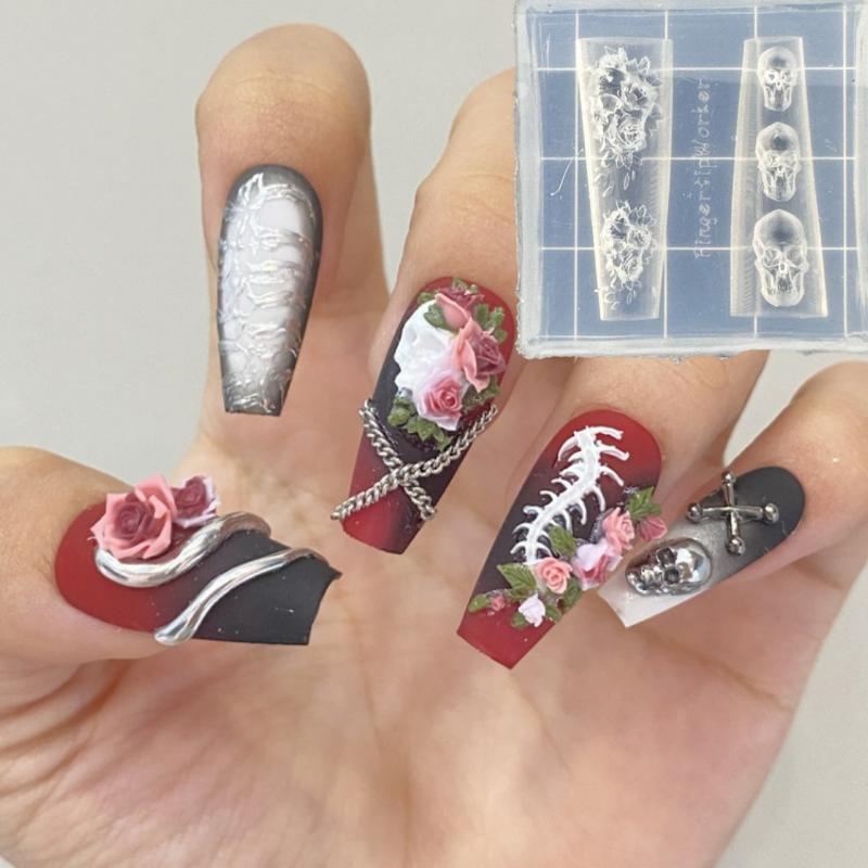 Różana Czaszka 3D Silikonowa Forma do Zdobienia Paznokci Kwiatowa Florystyczna Przezroczysty Szablon Dekoracja do Zdobienia Paznokci Narzędzie do Projektowania Manicure
