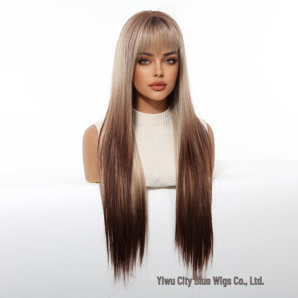 Gradient Brown European Wig for Women - Long Straight Hair with Natural Layers and Volume, Straight Bangs, Full Head Cover for Cosplay, In Stock.