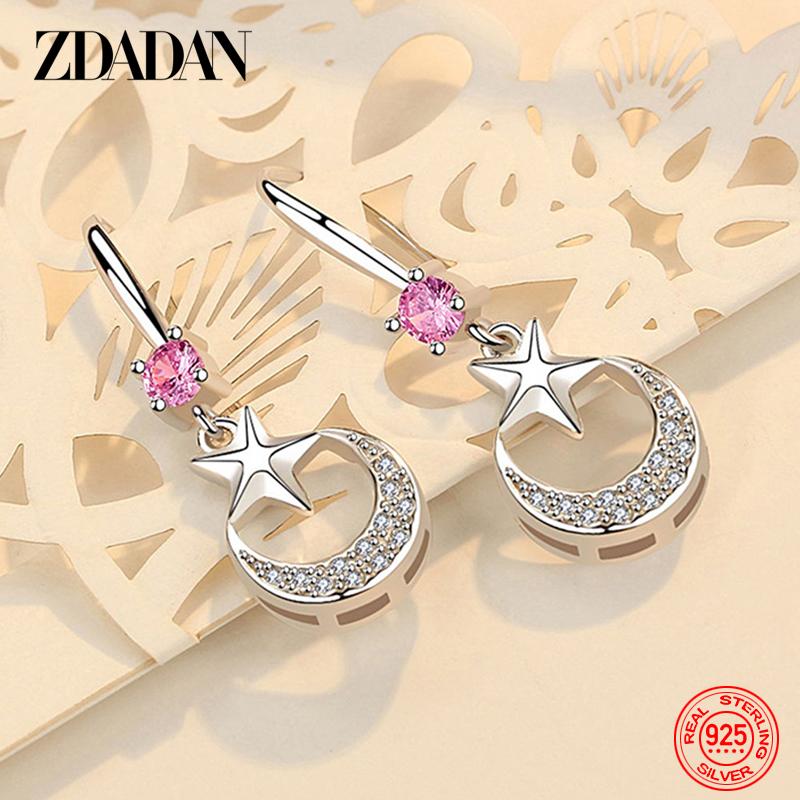 925 Sterling Silber Stern Mond Zirkonia Hängeohrringe für Damen Modeschmuck