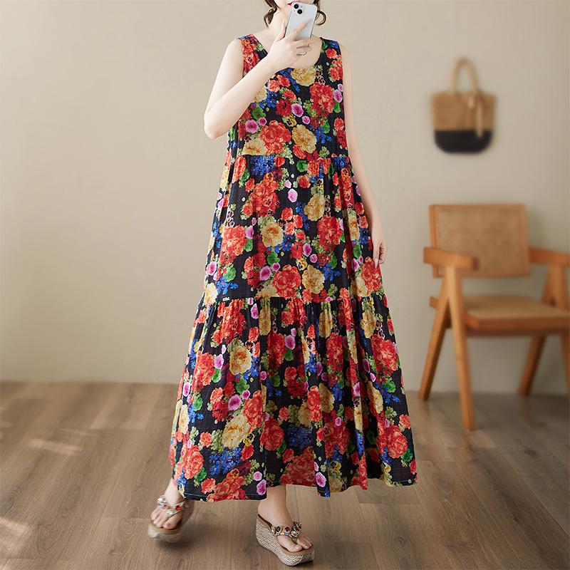 Sleeveless Plus Size Vintage Floral New In Dresses for Women Casual Loose Long Summer Dress