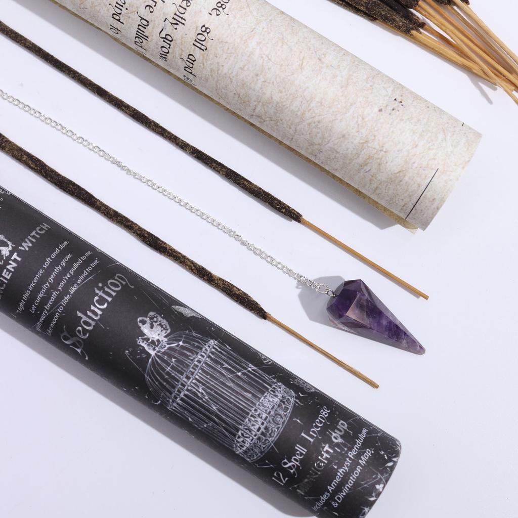 Antiker Hexen-Zauber-Räucherstäbchen – Verführung – Amethyst-Pendel