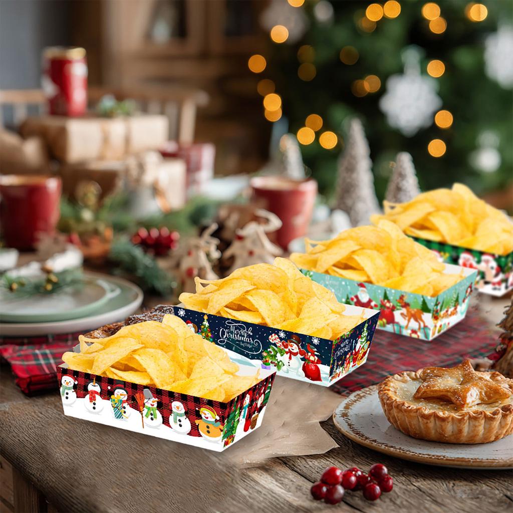 4Pcs Christmas Food Serving Paper Trays Xmas Decoration Desktop Popcorn Snacks Potato Chips Boxes Kids Birthday Party Supplies