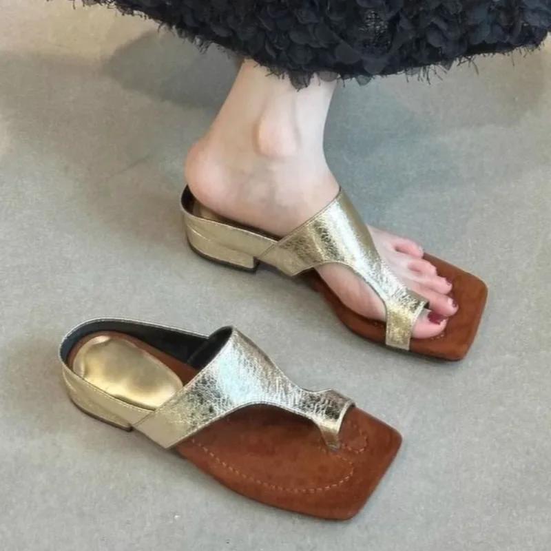 Fashion 2025 New Summer Slippers Women's Fashion Square Toe Cover Bright Leather Soft Soled Anti-slip Wear-resistant Sole Heel Shoes