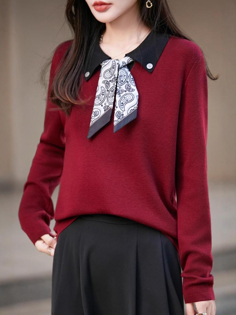 Herbst Seidenschal Wollstrickjacke: Eckiger Ausschnitt, Polokragen, Puffärmel, Strickpullover für einen jugendlichen Look