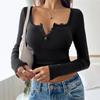 Women's V Neck Long Sleeve Ribbed Top Slim Fit Elegant Solid Crop Top With Lace Button Trim