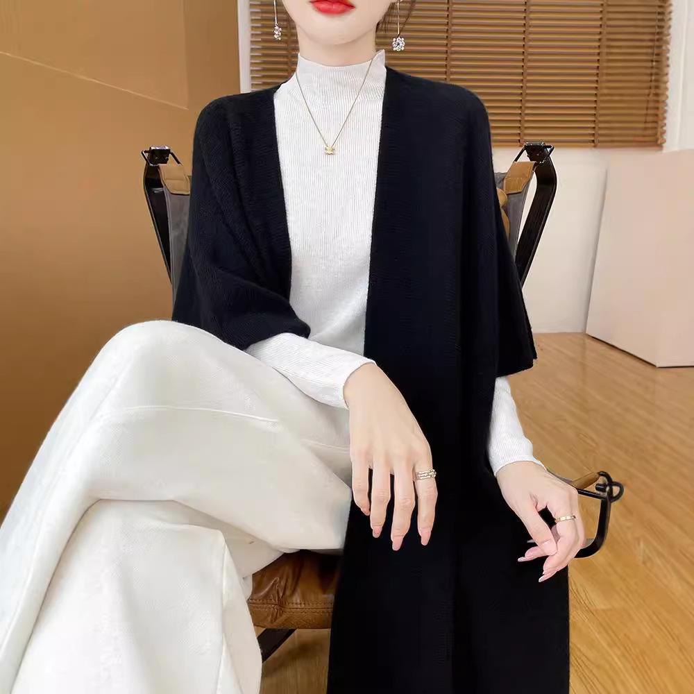 Women's Korean-Style Wool Shawl Cardigan - Autumn/Winter Solid Color Knitwear
