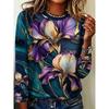 Autumn and Winter Women's Flower 3D Printed Crew Neck Long Sleeve T-Shirt