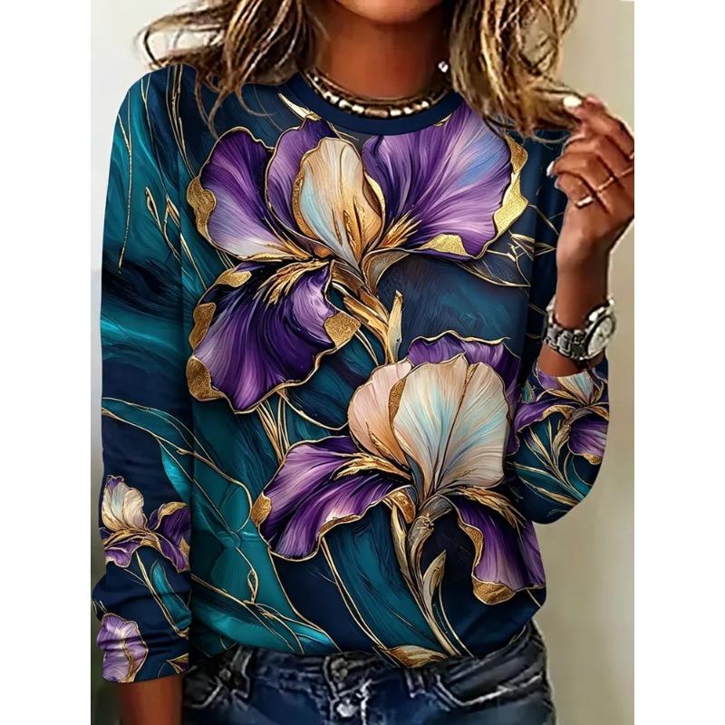 Autumn and Winter Women's Flower 3D Printed Crew Neck Long Sleeve T-Shirt