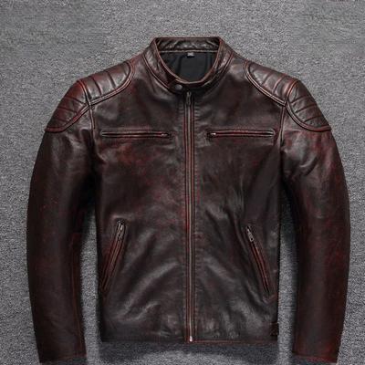 First Layer Rindslederjacke Herren Stehkragen Lederjacke Retro Alt Rotbraun Lederjacke
