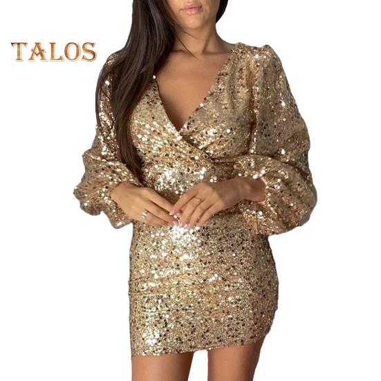 

Женское сексуальное облегающее платье с пайетками, прозрачное мини-платье с длинным рукавом и глубоким V-образным вырезом, блестящее вечернее платье для ночных клубов S золотистый