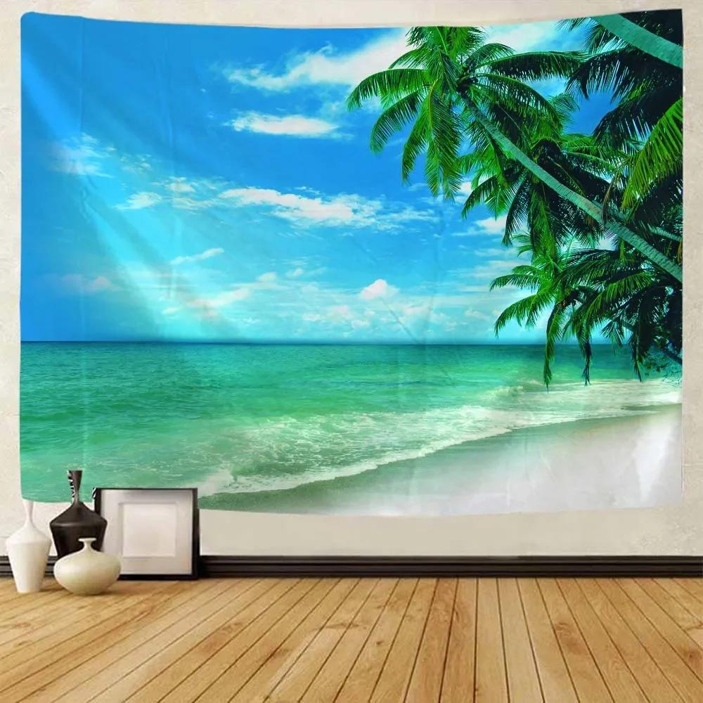 Sea view tapestry printed hanging painting coconut tree sunrise home decoration yoga mat bed sheet living room wall hanging