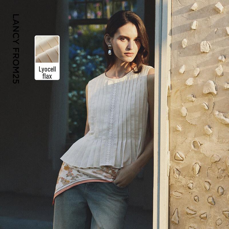 LANGZI 25 Artist Collaboration Lyocell Pleated Round Neck Shirt M