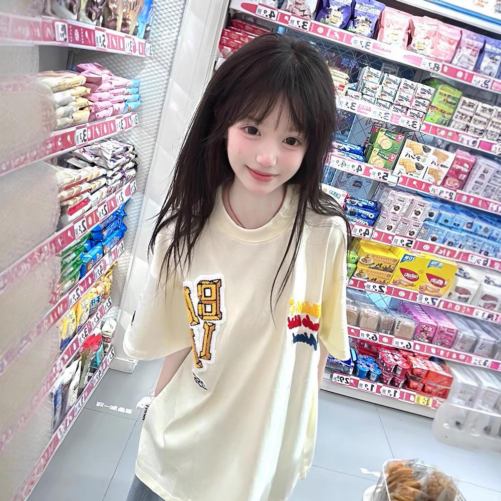 Women's Retro Black & White Cotton Crew Neck Loose T-Shirt - Summer 2025 Collection