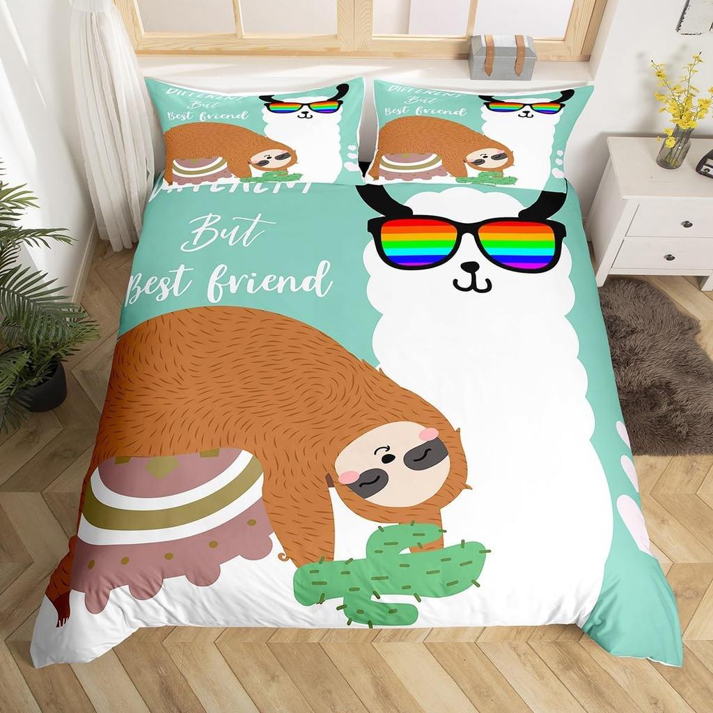 Cute Sloth Duvet Cover Watercolor Floral Bedding Set Lovely Jungle Animal Comforter Cover Twin King Kawaii Sloth Bedspread Cover