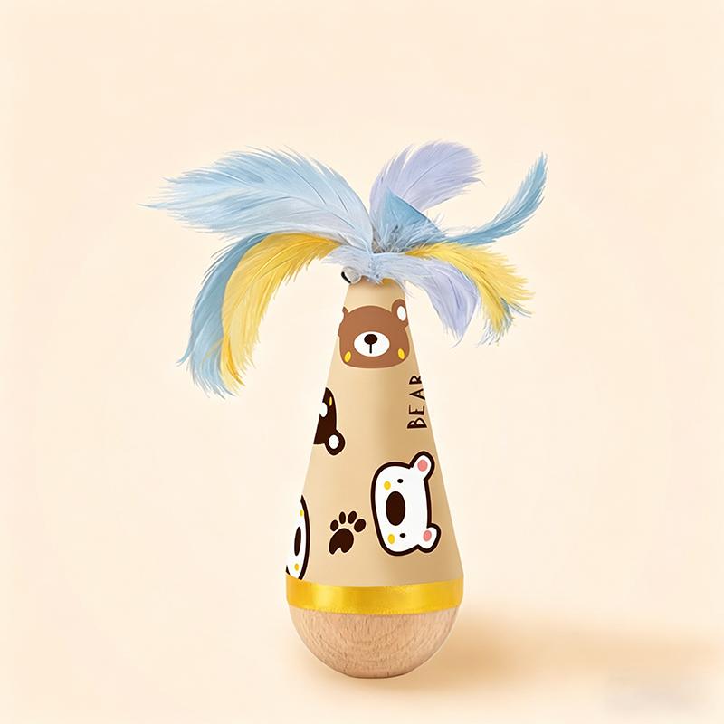 

Cartoon Pattern Cat Tumbler Toy Funny Pet Feather Toy for Cats Interactive Kitten Toy Wooden Cat Wobble Toys Pet Supplies