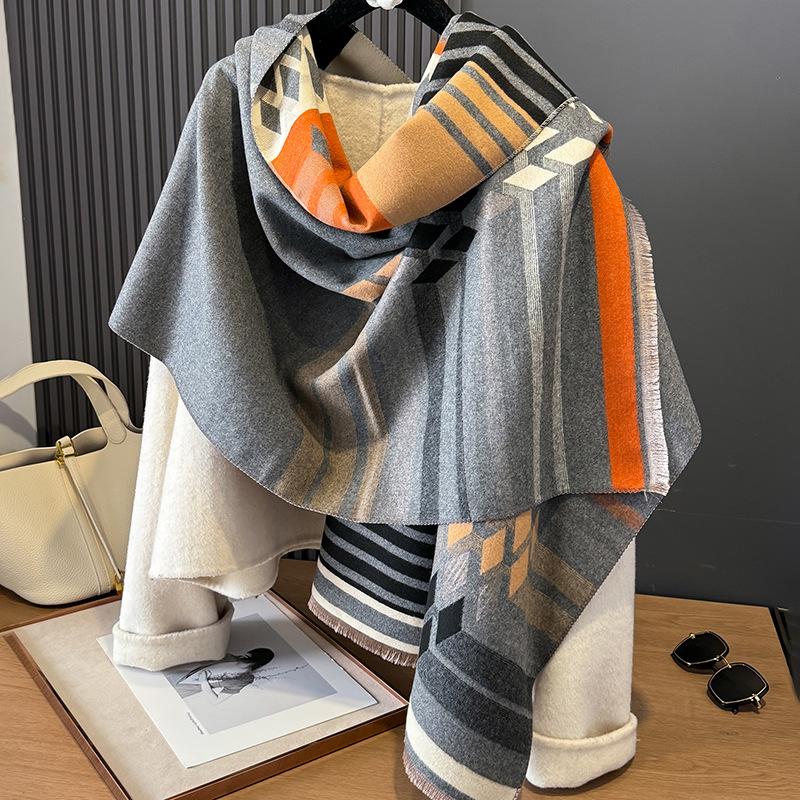 Autumn And Winter Versatile Plaid Double-Sided Warm Imitation Cashmere Scarf Women'S Air Conditioner Shawl With Imitation Cashmere Scarf