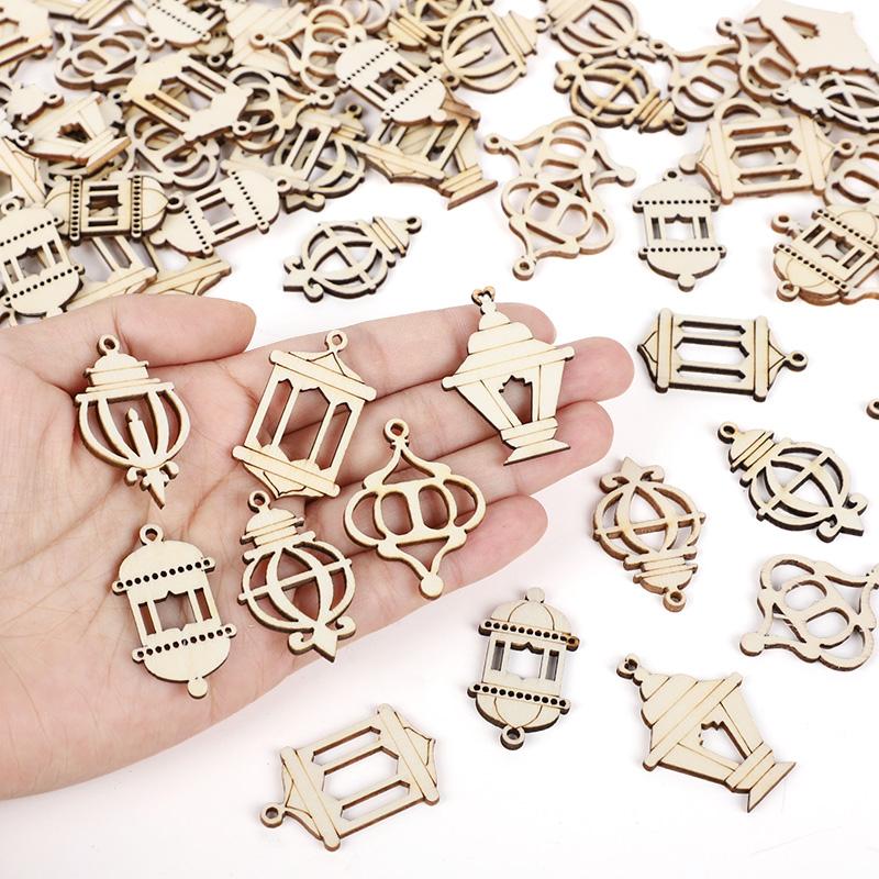 50pcs Ramadan Wooden Slices Mixed Lantern Shape Scrapbooking DIY Craft Hanging Ornament Eid Mubarak Muslim Party Home Decoration