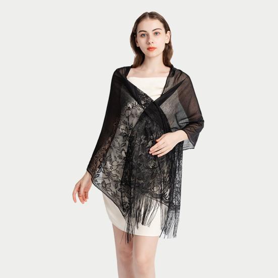 Women Summer Shawl See-through Mesh Thin Tassel Solid Color Soft Decorative Lace Malaysia Women Head Wrap Clothes Accessory