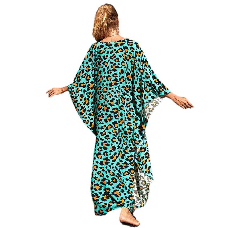 European & American Rayon Print Beach Cover-up Dress - Long, Loose Bikini Swimsuit Robe for Women
