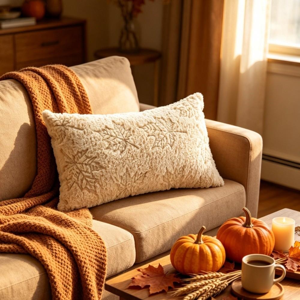 Fuzzy Texture Pillow Cover Pumpkin Maple Leaf Embroidery Autumn Cushion Case Thanksgiving Decor