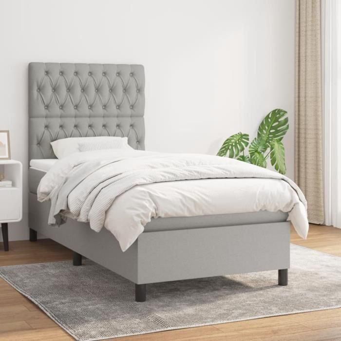 3141977 vidaXL Lit à sommier tapissier et matelas Gris clair 90x190 cm Tissu