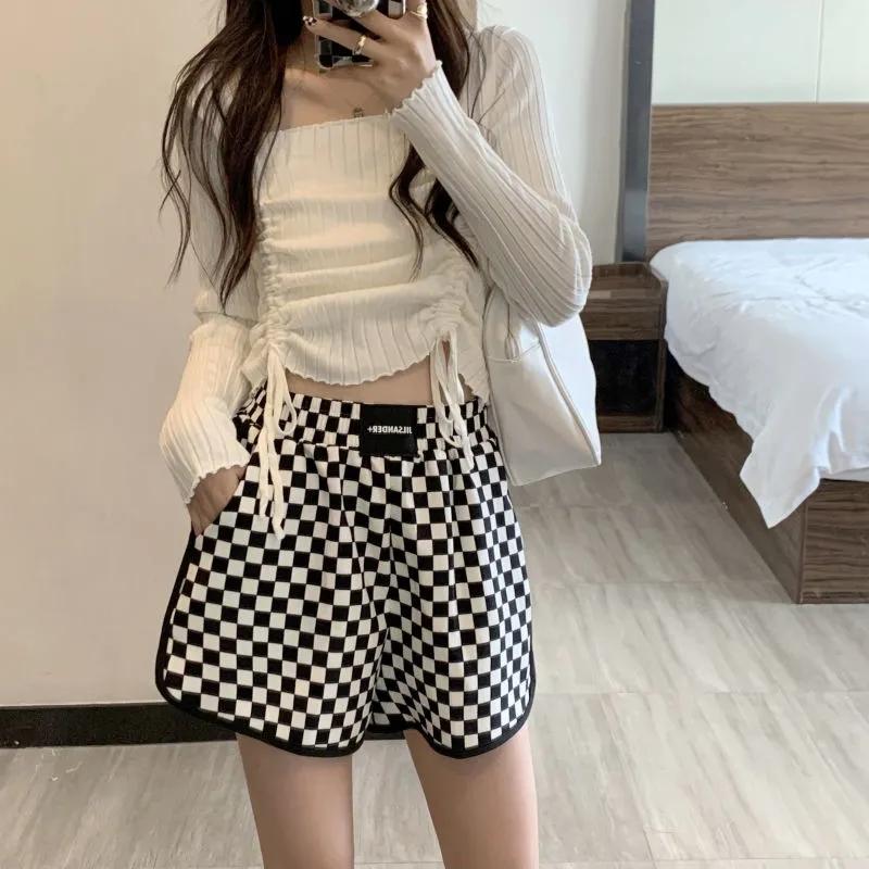 Elastische Taille Plaid Shorts Frau Koreanische Mode Breite Bein Shorts Frau Casual Einfache Gerade Kurze Hosen Frau Sommer