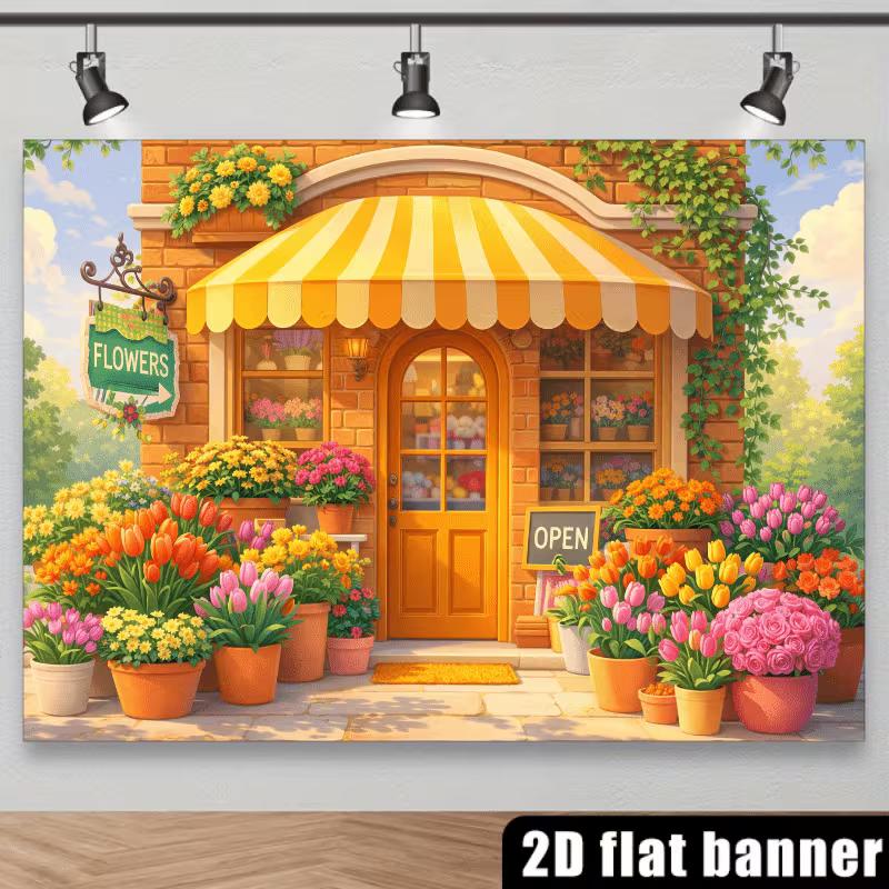 2D Colorful Tulip & Rose Flower Shop Banner, Yellow Awning Florist Wall Hanging for Photo Booth