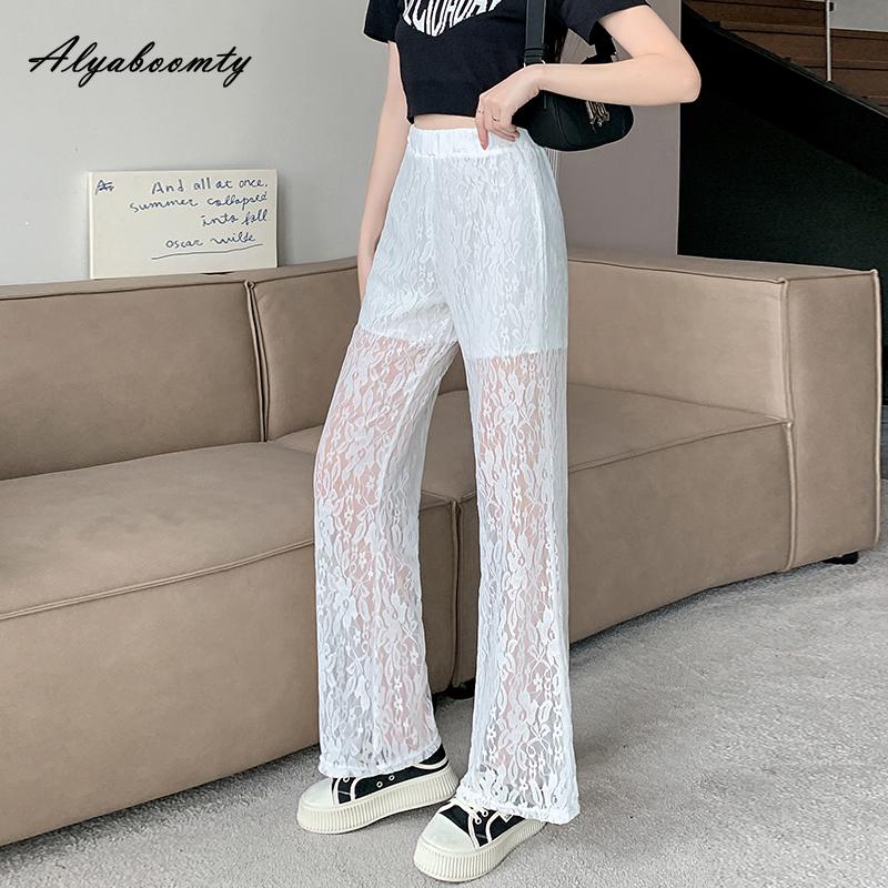 Korejská móda letní dámské bílé krajkové kalhoty s elastickým pasem, tenké stylové dámské elegantní ženské kalhoty se širokými nohavicemi