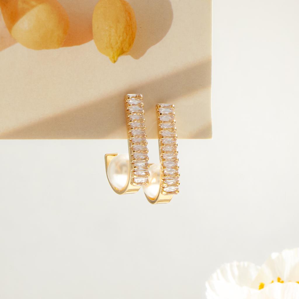 Golden Cubic Zirconia Pearl C Hoop Earrings for Women Elegant Jewelry Gift