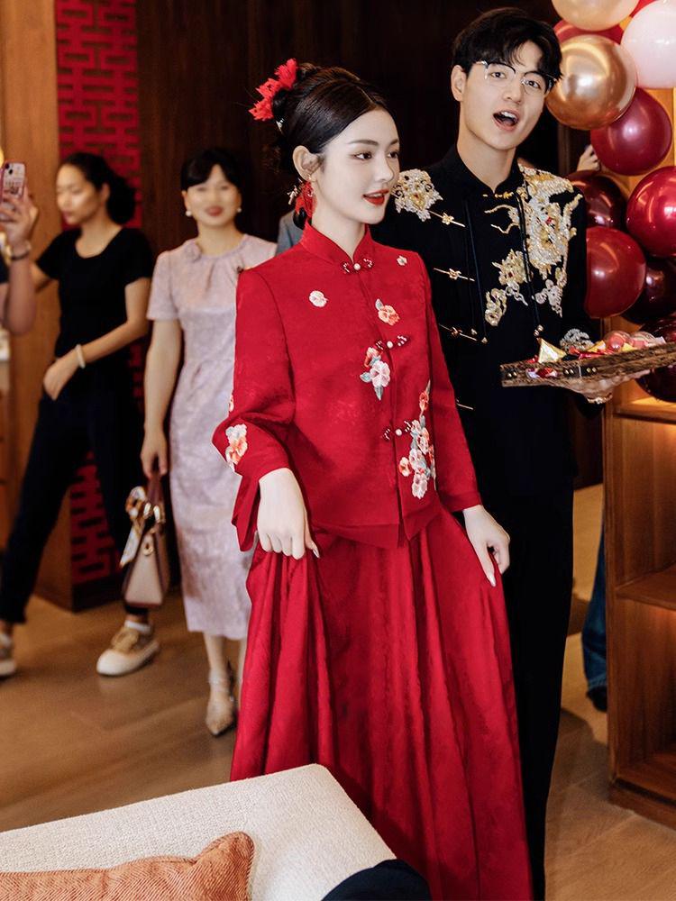 Modern Chinese Wine Red Wedding & Engagement Dress for Women - Bride & Banquet Skirt