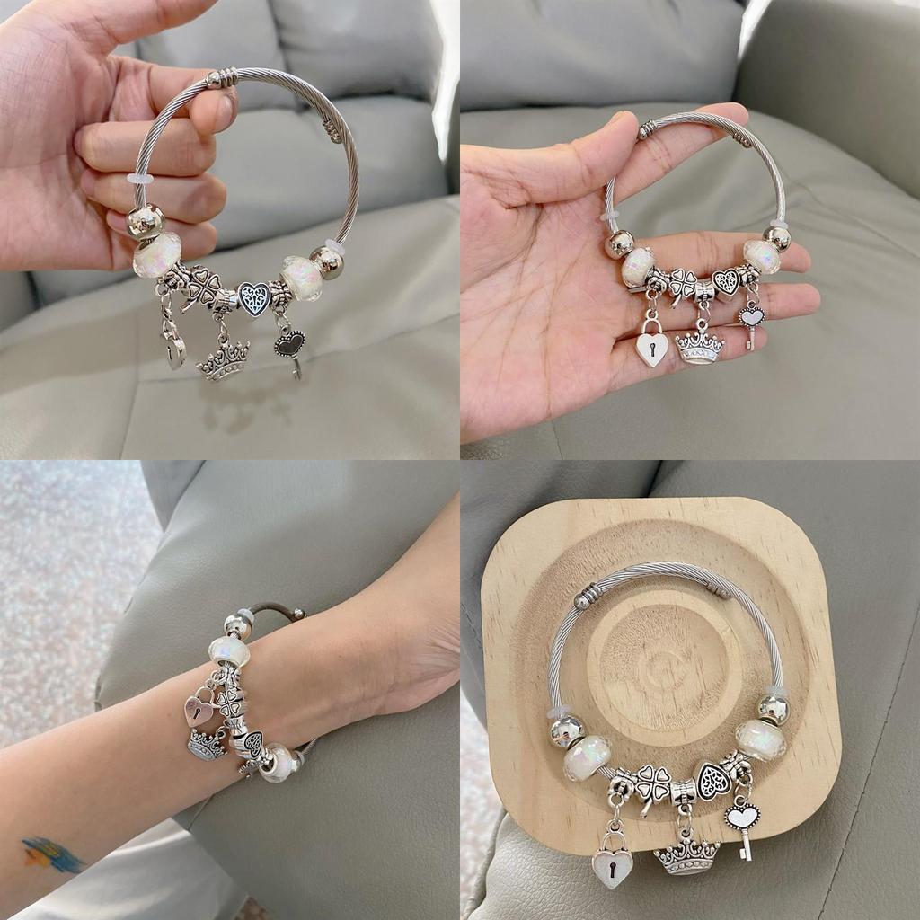 No Ip Stainless Steel Heart Crown Bracelet With Fluorescent Beads For Girls And Teens