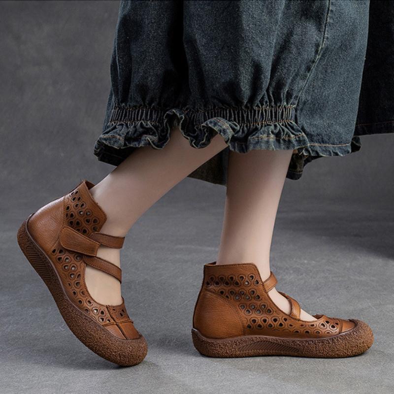 Johnature Içi boş nefes alabilen sandalet hakiki deri Retro yumuşak taban rahat çok yönlü kadın ayakkabısı