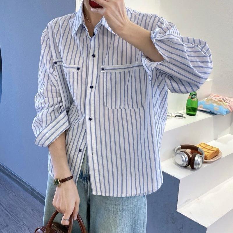

Женская полосатая рубашка с длинным рукавом, весенняя одежда, новый топ с лацканами, корейская повседневная женская рубашка XXL