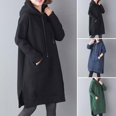 Moletom feminino outono inverno com bolso grande cordão bainha fenda cor sólida solto joelho