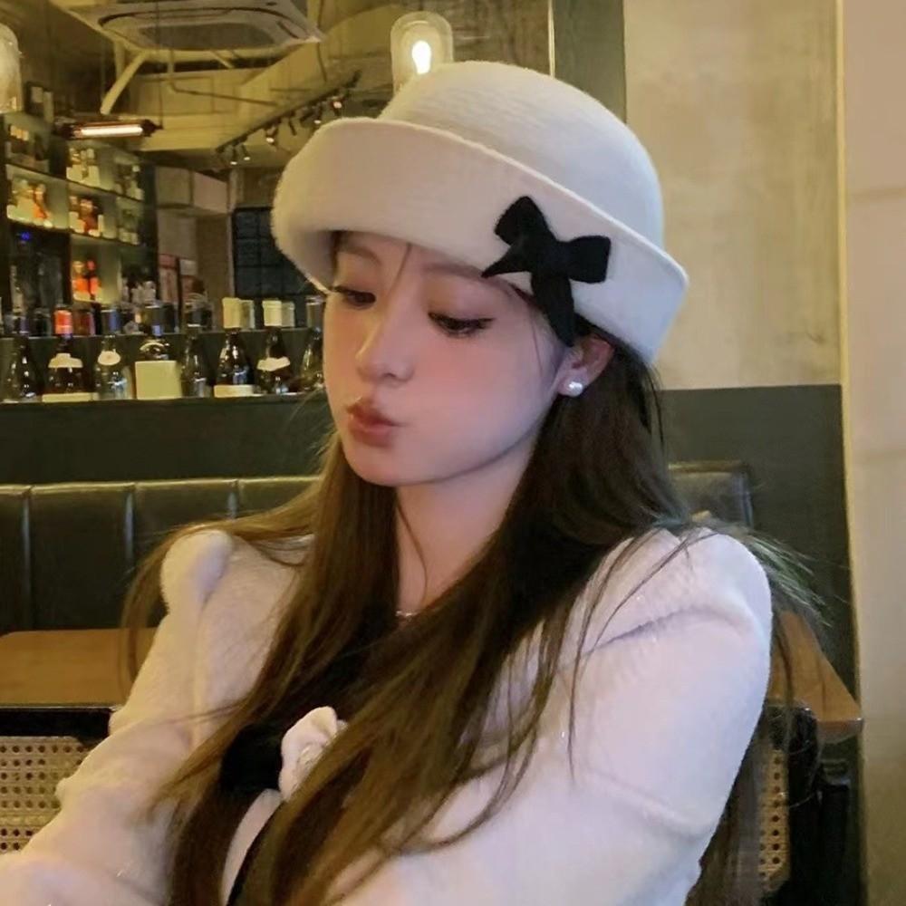 Solid Color Bow Bucket Cap Korean Style Women Bucket Hat Temperament Woolen Fishing Cap  Streetwear