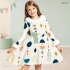 Girls Furry Trim Neck Cuffs Long Sleeve Waist Bow Printed A Line Flared Dress