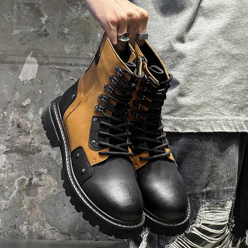 2025 New Men's Thick Sole Lace-Up Ankle Boots Retro Contrast Color Design Elevator Sneaker Boots Luxury Brand Male Walking Shoes