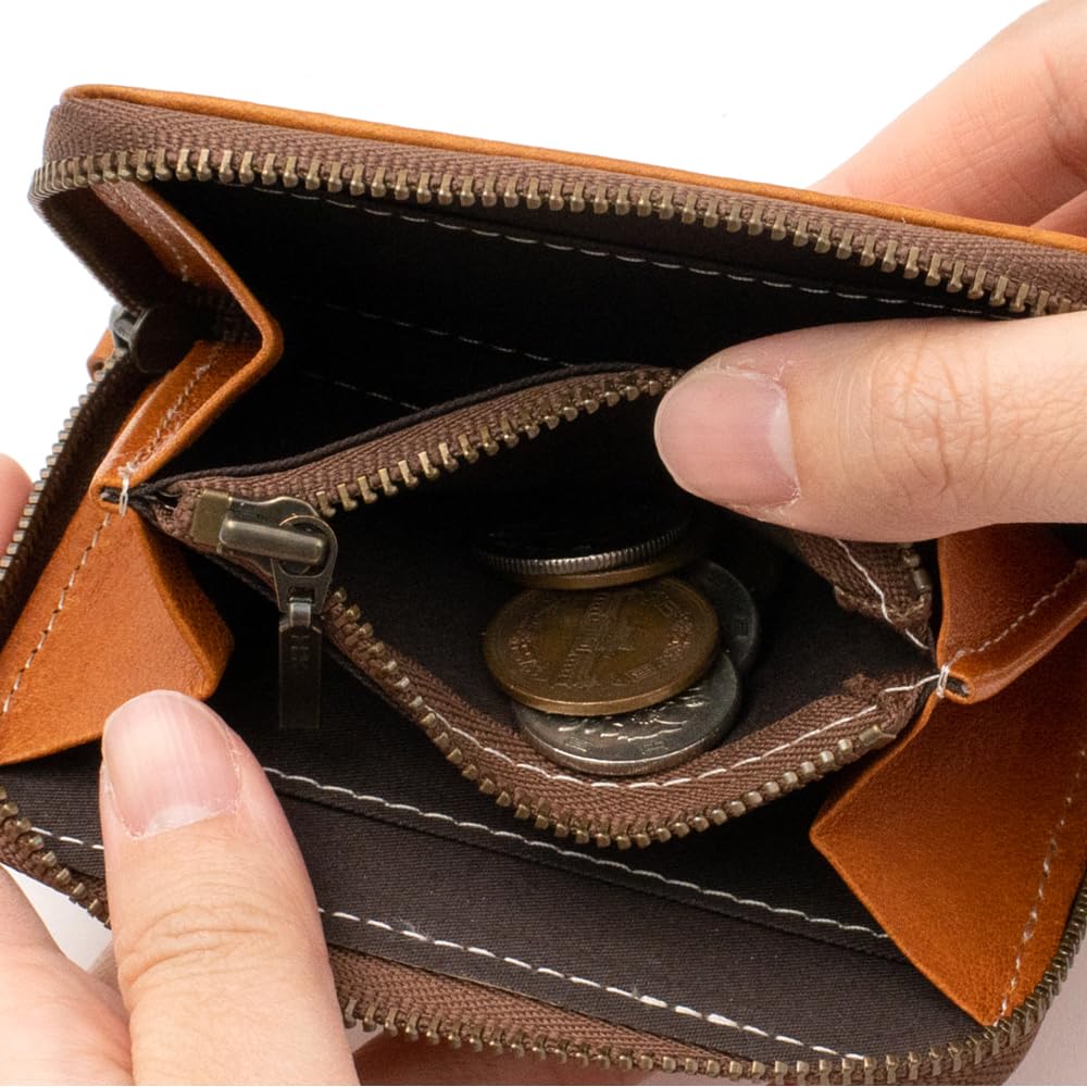 [e-mono] Genuine Leather Coin Purse with Skimming Prevention, Tochigi Leather, Men's Coin Case with Round Zipper, Women's Cowhide Leather, Handmade
