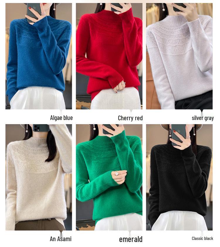 Autumn/Winter Women's Knitwear: Hollow Out Half-High Neck Long Sleeve Loose Slimming Pullover Sweater.
